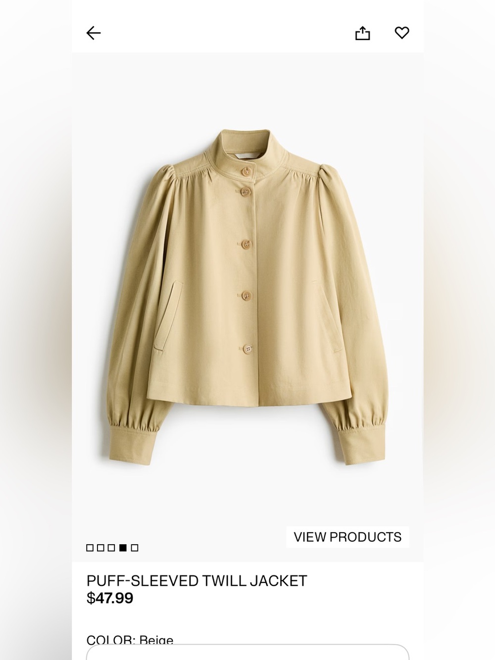 H&M Beige Puff-Sleeved Twill Jacket